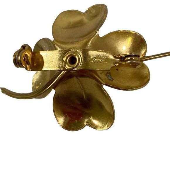 Lot 2 Coro Brooch Pins Leaf & Rhinestone 4 Leaf Clover Gold Tone - Picture 4 of 4